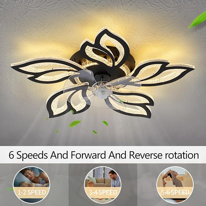 25" Black Geometric Ceiling Fan with Lights and Remote Control, 3 Light Color 6 Speeds Flush Mount Low Profile Ceiling Fan for Bedroom Kitchen
