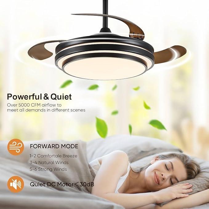 FIDGRA 42 Inch Fandelier Ceiling Fan with Light, Retractable Ceiling Fan with Lights for Bedroom Living Room Dinning Room, Chandelier with Fan 6 Speed, 3 Color Temperature-Black