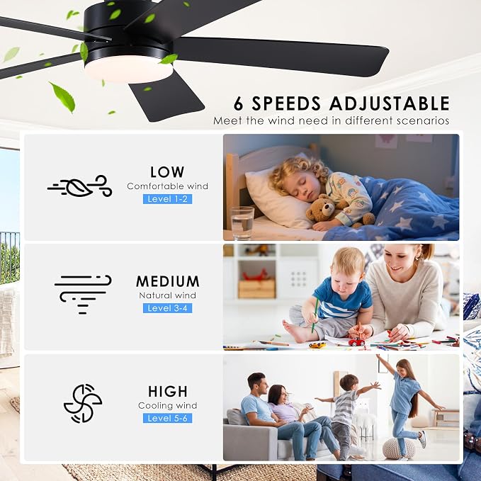 Asyko 46" Black Modern Low Profile Ceiling Fan with LED Light and Remote | Super Large Airflow with 6 Wind Speeds, Reversible, Dimmable 3 CCT LED Light, Noiseless 30W DC Motor,for Bedroom Kitchen