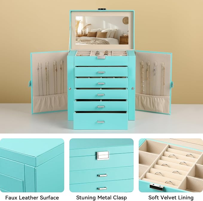 Frebeauty 6-Layer Jewelry Box for Women,Large Jewelry Organizer with Drawer | Faux Leather,Built-in Mirror,Spacious Jewelry Storage,16 Necklace Hooks,Organizing by Category for Rings Earrings Bracelet