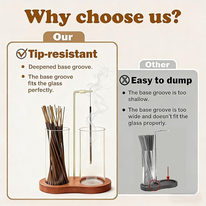 Incense Holder for Sticks 2 in 1 Incense Burner Holder with Storage & Ash Catcher Wooden Base, Glass Vessels, Metal Clip for Meditation, Yoga, Spa, Home & Garden Decor