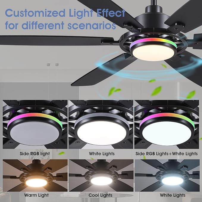 SHIHOT 54" Modern 6-Blade Black RGB Ceiling Fans with Lights and Remote | 14 RGB Modes ,6 Wind Speeds, Reversible, Dimmable 3 CCT LED, 30W Quiet DC Motor,6 Double-Sided Blades,for Bedroom Kidsroom
