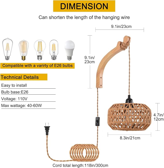 Plug in Wall Sconce,Farmhouse Wicker Wall Lamp Plug in,Hand Woven Rattan Wall Light Farmhouse Rustic Boho Sconces Wall Lighting for Living Room Bedroom