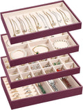 LANDICI Stackable Jewelry Organizer Trays 4 Set,PU Leather Jewelry Organizer Drawer,Jewelry Storage Display Tray for Earring Necklace Rings Bracelet with Removable Dividers,Purple