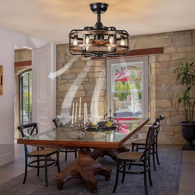 Caged Ceiling Fans with Lights Black Farmhouse 18‘’ Flush Mount Bladeless Rustic Chandeliers Fan Lights with Remote Vintage Reversible Ceiling Fan for Living Room Bedroom Kitchen 6 Light Bulb Base E12