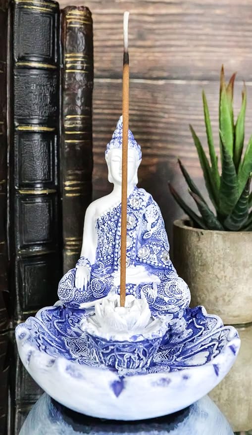 Ebros Gift Bhumisparsha Mudra Buddha Amitabha Meditating by Padma Lotus Flower Incense Holder Burner Figurine in Terracotta Blue and White 4.25" High Buddhist Eastern Enlightenment Feng Shui Decor