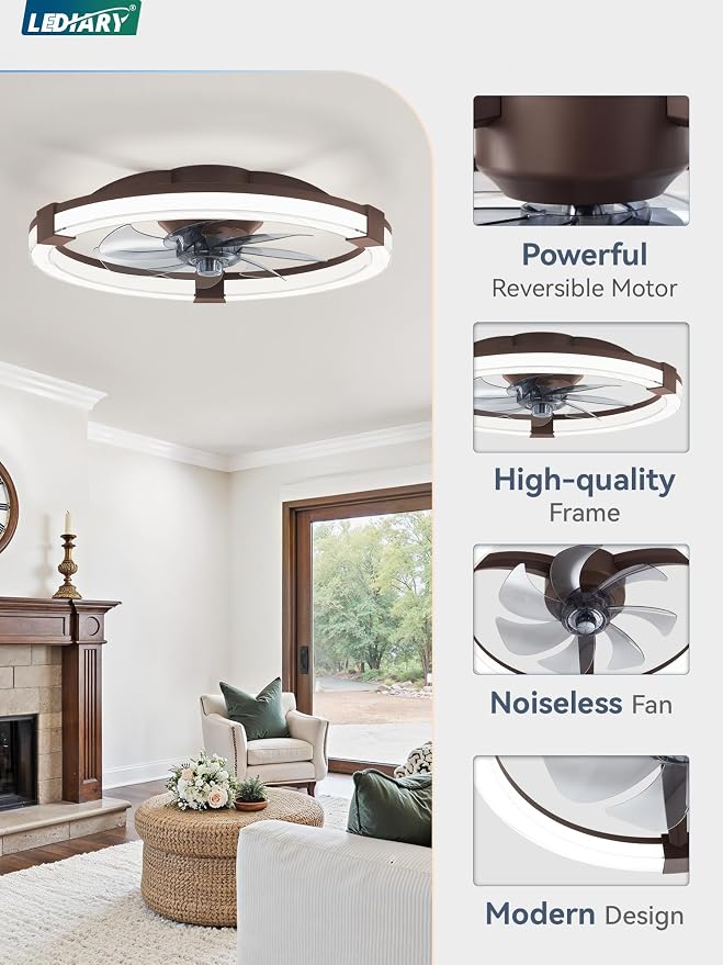LEDIARY Ceiling Fans with Lights, 19.7 Inch Low Profile Ceiling Fan with Remote, 6 Speeds, Reversible, Dimmable Flush Mount Fan Light, Modern Fandelier Ceiling Fan with Lights for Bedroom, Brown