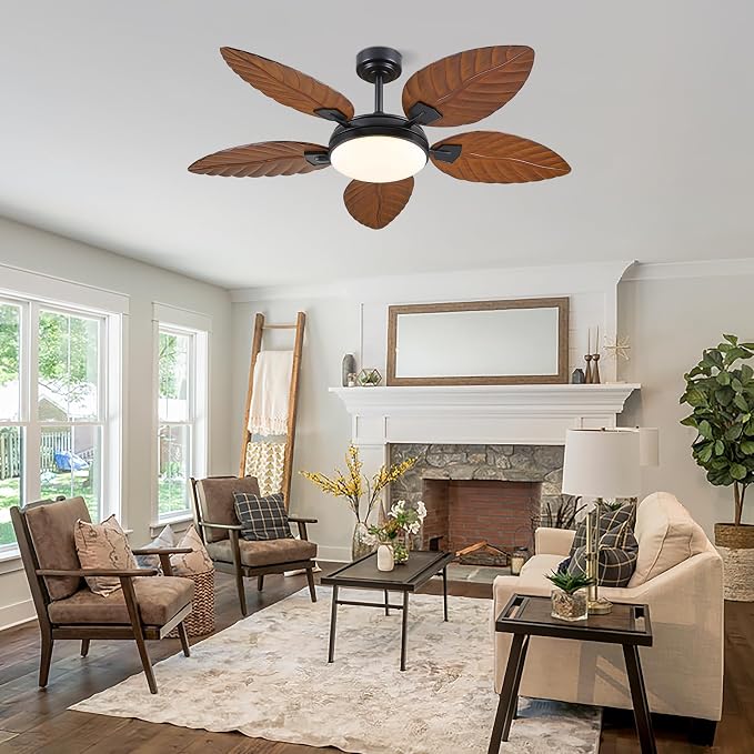 52"Brown Tropical Outdoor Palm Leaf Ceiling Fans with Lights and Remote | Supports Remote and APP, 6 Wind Speeds, Reversible, Dimmable 3CCT LED, 50W Quiet DC Motor,Suits for Living Room Bedroom Patio