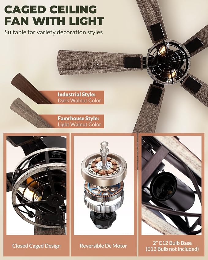 Farmhouse 42 Inch Ceiling Fans with Lights, Low Profile Flush Mount Ceiling Fan with Remote Control, Quiet and Reversible DC Motor, 6-Speed Caged Rustic Ceiling Fan for Bedroom, Living Room, Walnut
