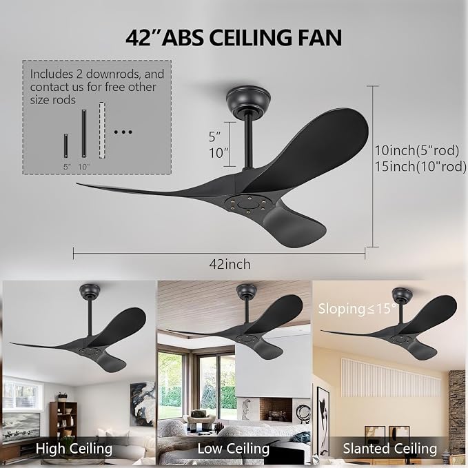 KBZZ 42 Inch Black Ceiling Fans without Lights,6 Speeds,Reversible Silent DC Motor,3 ABS Blades,Modern Ceiling Fan no Light with Remote for Indoor Outdoor Farmhouse Office Patio
