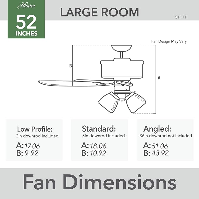Hunter Builder Plus, Indoor, Ceiling Fan, 5 Blades, 52 inch, Brushed Nickel | with LED Lights, Standard Mount, Pull Chain, For Bedroom, Living Room, Includes Bulbs, 51111