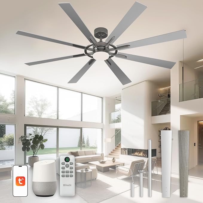 72 Inch Smart Ceiling Fan with Light and Remote, Silver Ceiling Fan with Quiet Reversible DC Motor, Compatible with Alexa/Google/APP, 3CCT Dimmable Large Indoor/Outdoor Ceiling Fans for Patio