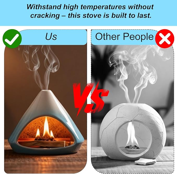 Ceramic Sage Smudging Holder, Pyramid Design Incense Burner with Smoke Outlet, 4.7 x 4.5 x 0.39 Inch, Black and White Glazed Finish (Blue)
