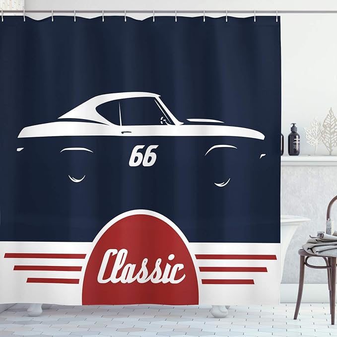 Ambesonne Man Cave Shower Curtain, Classic Vintage Sports Car Muscle Vehicle Silhouette Old Fashioned Style, Cloth Fabric Bathroom Decor Set with Hooks, 69" W x 75" L, Dark Blue