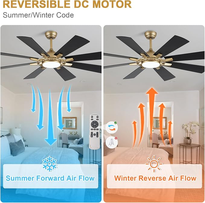 Bella Depot 60" Black and Gold Ceiling Fan with Light & Remote | Dimmable LED Light, 3CCT, 6-Speed Quiet Reversible DC Motor, Timer, Modern Indoor Ceiling Fan for Bedroom Living Room Patio