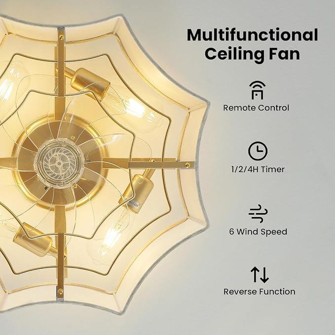 Boho Ceiling Fan with Light, 20'' Flush Mount Caged Ceiling Fan with Light Remote Control, Linen Fabric Low Profile Fandelier with 6 Speeds for Bedroom, Living Room