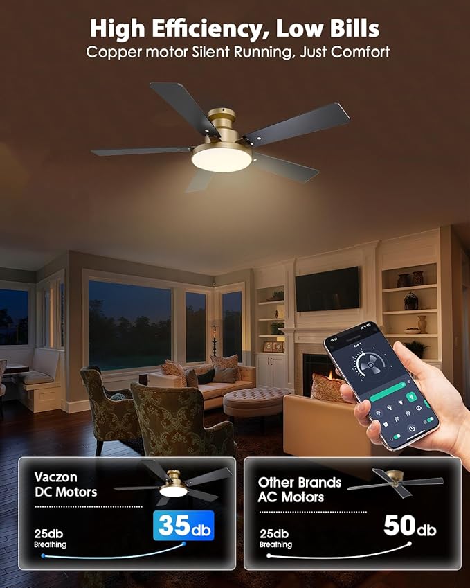 52 Inch Low Profile Gold Ceiling Fans with Lights and Remote/App, Modern Flush Mount Black and Gold Ceiling Fan, 12.2'' Large 3CCT LED Light Panel,6-Speed Quiet Motor for Bedroom Living Room