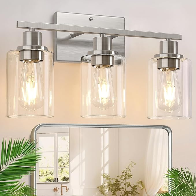 Indoi 3-Light Bathroom Light Fixtures, Brushed Nickel Modern Vanity Lights with Clear Glass Shades, Bathroom Wall Lamp for Mirror Living Room Cabinet Bedroom Porch