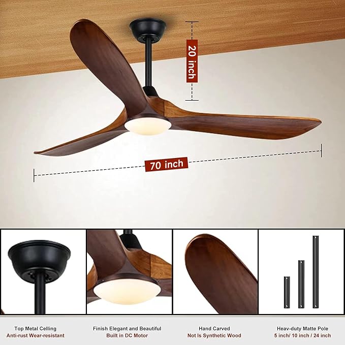 70 inch Large Ceiling Fan with Lights, Outdoor Ceiling Fan for Patio Damp Rated, 3 Blades Propeller Wood Ceiling fans with light, Reversible Quiet DC Motor for Exterior Porch Farmhouse Gazebo