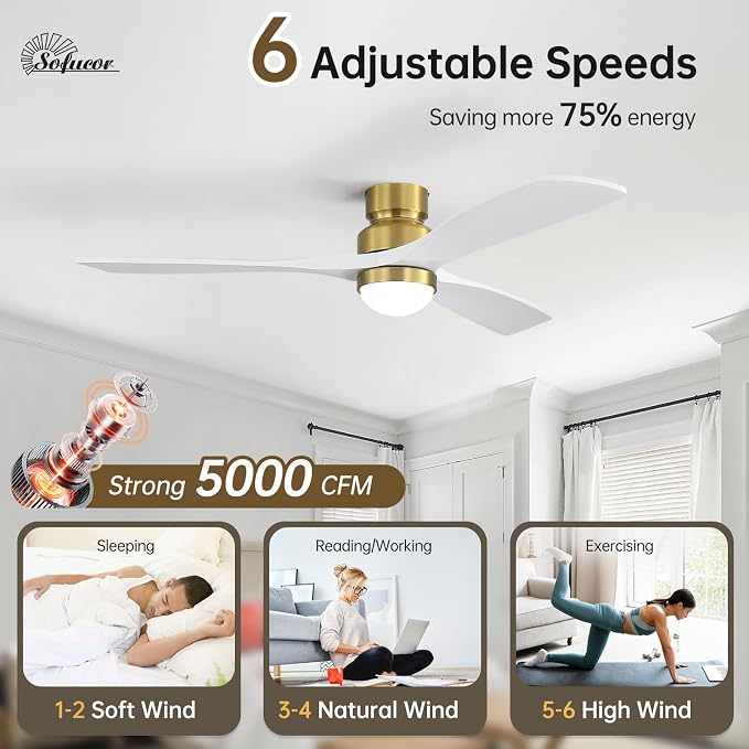 Sofucor 52" Solid Wood Ceiling Fan Lights, Flush Mount & Downrod Mount Ceiling Fan with Lights and Remote, Wood Blades Modern Outdoor Ceiling Fans for Bedroom/Farmhouse/Patio/Indoor