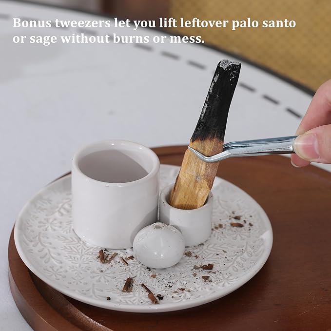 5 in 1 Incense Holder Burner, 5.9" Ceramic Holder for Burning Palo Santo Sage Candle and Incense Sticks Cones, Ash Catcher Tray for Meditation Room Home Décor (White)