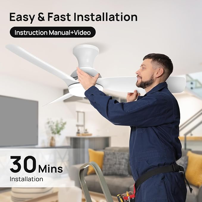 Consciot Ceiling Fan, 44 Inch Ceiling Fan With Lights Remote Control, White Low Profile Modern Flush Mount, Reversible Quiet DC Motor, 6 Speed, Dimmable, For Indoor and Covered Outdoor
