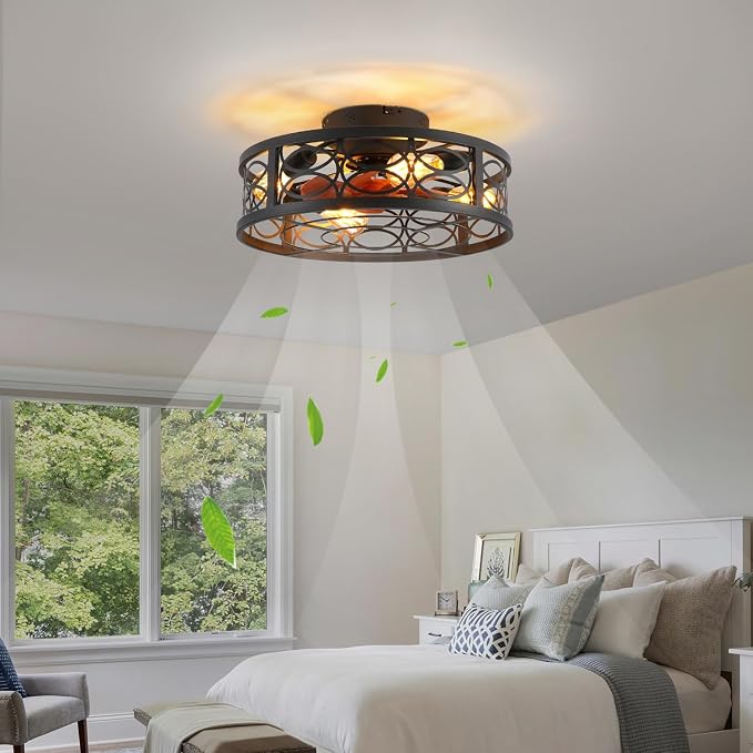 20" Caged Ceiling Fan with Light and Remote，Bladeless Ceiling Fan 6 Speed Reversible with 4 Bulbs and Remote Control.Low Profile Ceiling Fans with Lights for Bedroom, Dining Room