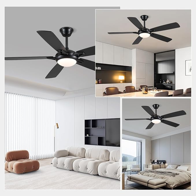 Kviflon 52 Inch Ceiling Fans with Lights and Remote, Modern Indoor Outdoor Ceiling Fan for Bedroom Living Room Patio Porch, 6 Speeds, Reversible Quiet Motor, Dual Finish Wooden Blades, Black