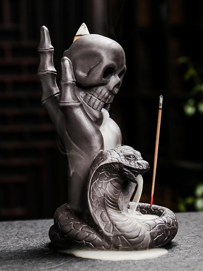 Skull Snake Incense Burner Holder - Backflow Waterfall Cone Incense Holder, Ceramic Unique Skeleton Incense Burner with Cones & Sticks for Halloween/Aromatherapy/Yoga/Home/Room/Office Deco
