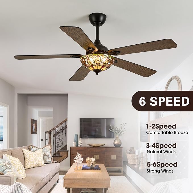 52" Tiffany Style Ceiling Fans with Lights, Vintage Chandelier Ceiling Fan with Stained Glass Shade, Dimmable LED, 6 Speeds Reversible for Bedroom (Art Nouveau)