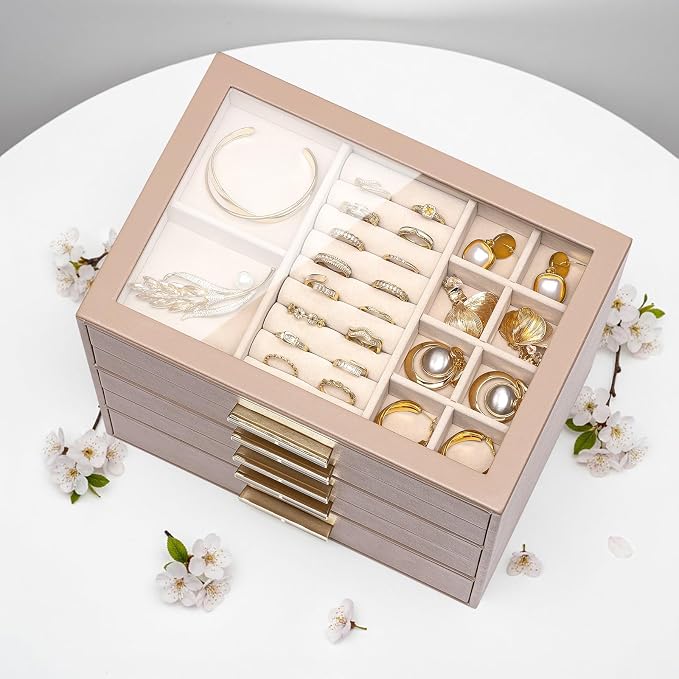 VLANDO 5-Drawer Jewelry Box with Glass Lid, Faux Leather Organizer for Rings Earrings Necklaces and More, Gift-Ready Jewelry Case for Women Girls or Moms, Latte