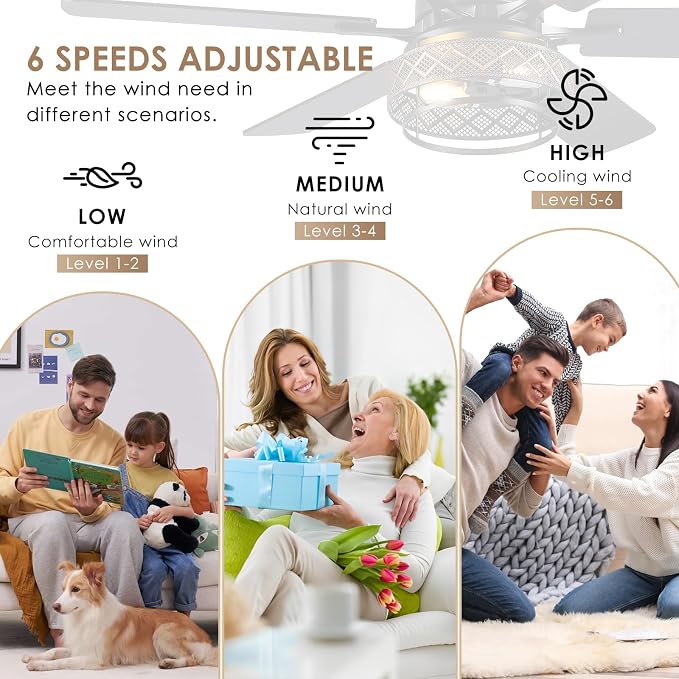Hounberi 48 Inch Ceiling Fans with Lights and Remote Control, Flush Mount Industrial Black Ceiling Fan, Dual Finish 6 Blades, Reversible DC Motor, Rustic Caged Ceiling Fans for Living Room Bedroom
