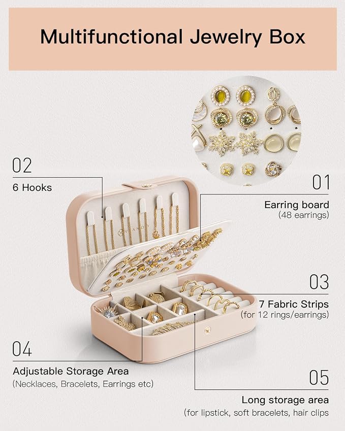 VLANDO Travel Jewelry Case, PU Leather Travel Jewelry Box with Earring Holder, Portable Display Mini Jewelry Case for Mothers Day Women Girls Gift - Nude Pink