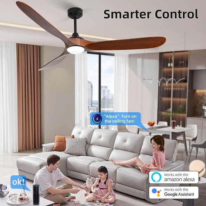 Ceiling Fan with Lights, 72'' Solid Wood Indoor/Outdoor Ceiling Fan with Quiet Reversible DC Motor, Compatible with Alexa/Google/App, 3CCT Dimmable, 6 Speeds Walnut Outdoor Fan for Patio Porch
