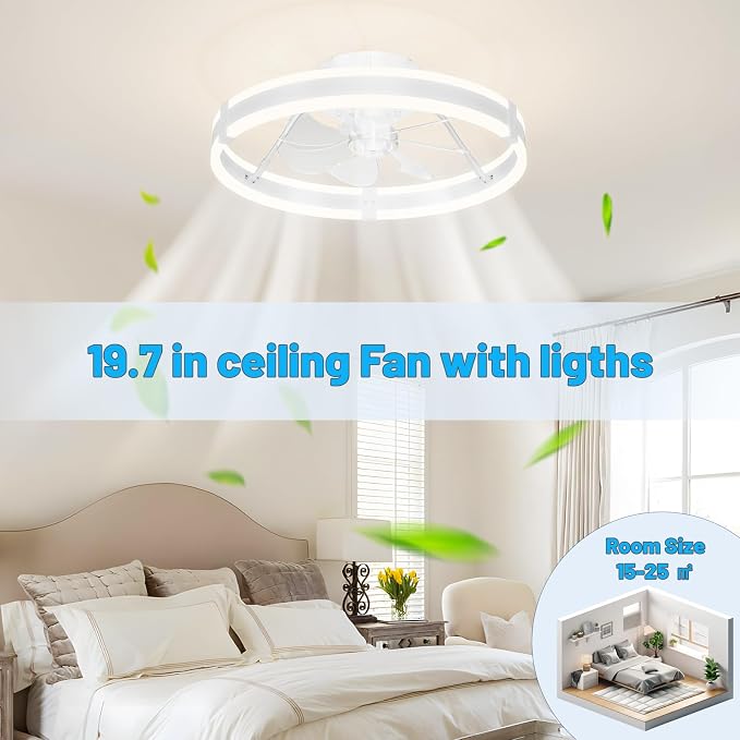 19.7'' Bladeless Ceiling Fan with Lights,3000-6000K Dimmable 6 Wind Speed Low Profile Led Ceiling Fan, Reversible DC Motor Modern Flush Mount Indoor Kitchen Bedroom Fandelier Ceiling Fans