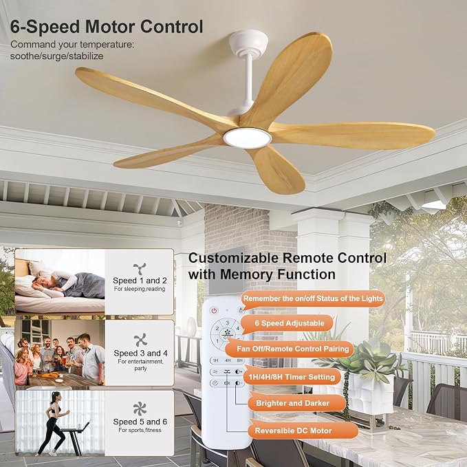 52 Inch White Ceiling Fans with Lights and Remote Control, 5 Blade Natural Wood Ceiling Fan with Light, Modern Indoor Outdoor Ceiling Fan for Patio, Bedroom, Dimmable, Reversible DC Motor
