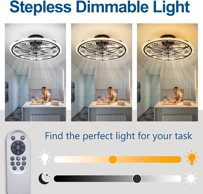 Dalouguan Rustic Black Caged Ceiling Fan with Light, Farmhouse Caged Ceiling Fan with Remote, LED Low Profile Ceiling Light for Bedroom Kitchen Living Room