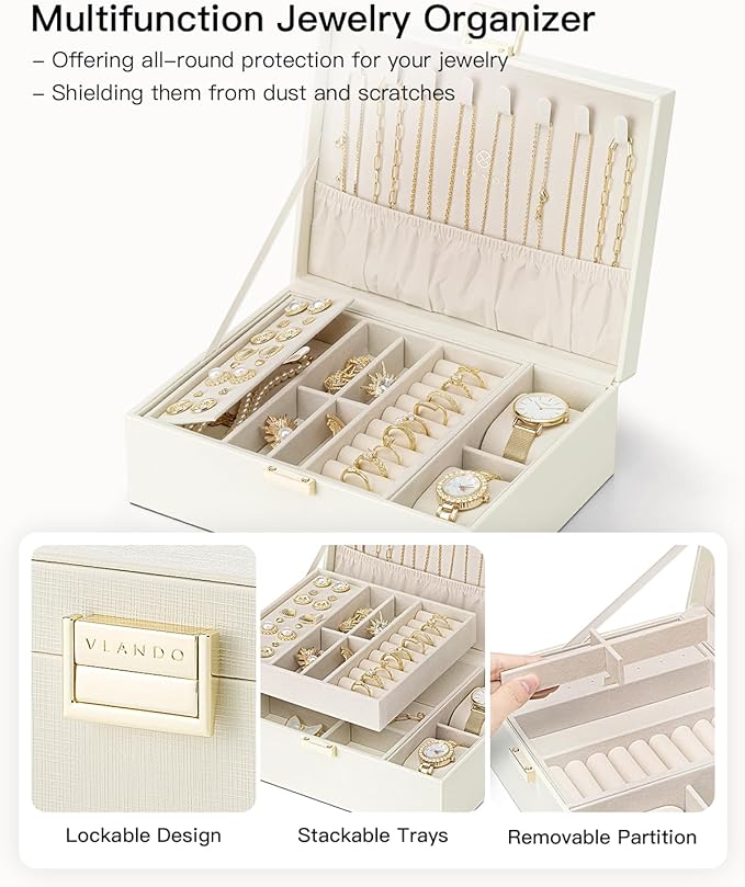 VLANDO Jewelry Organizer,2 Layer Jewelry Box Large Jewelry Organizer for Mothers Day Mom Gifts Women Removable Jewelery Tray with Watch Pillow for Necklace Earrings Rings Bracelets(Cream White)