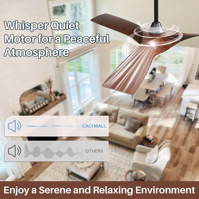 CACI Mall 52 Inch Propeller Ceiling Fan No Light, Remote Control, 6 Speeds Noiseless DC Motor, 3 ABS Blades, Indoor Outdoor Ceiling Fans for Living Room, Bedroom, Patio