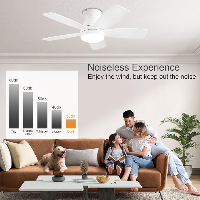 JSAITEE Ceiling Fans with Lights, 42 Inch Low Profile Ceiling Fan with Light and Remote/App Control, Flush Mount, Reversible, 3CCT, Dimmable, Noiseless, White Ceiling Fan for Indoor/Outdoor Use