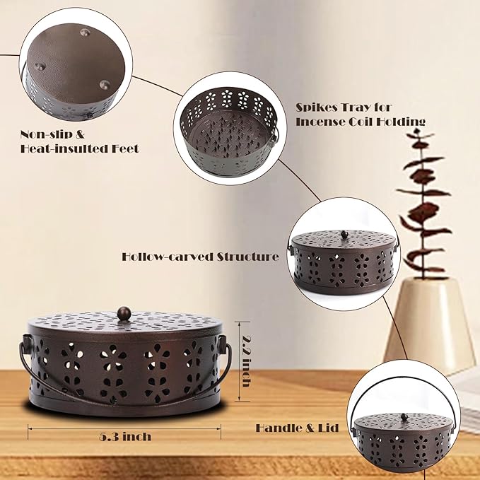 Mosquito Coil Holder 2 Pack Citronella Incense Coil Holder Outdoor Steel Round Mosquito Coil Burner Tray with Handle and Lid (Black/Bronze)