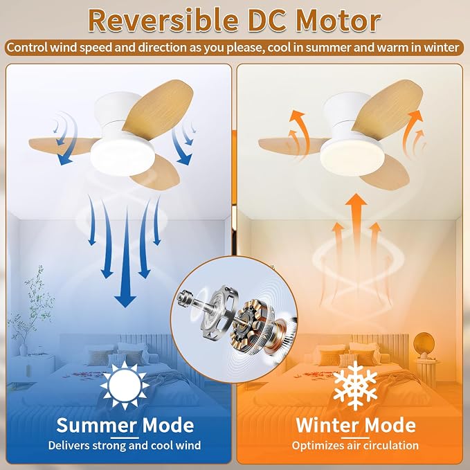 Small Ceiling Fan with Lights, 25 Inch Flush Mount with Remote Control, Reversible Quiet DC Motor, 3 Blades, 6 Speeds, Dimmable LED, Adjustable Color Temperature, Timer