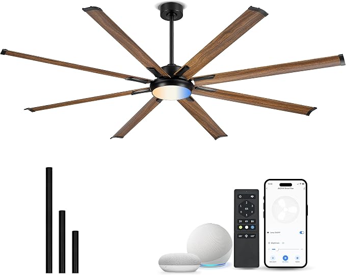 84 Inch Industrial Ceiling Fan with Light, Large Design with 8 Aluminum Blades, Compatible with Alexa, 6-Speed Reversible DC Motor, 3 Color Temperature Options - ZCCF04WD-84