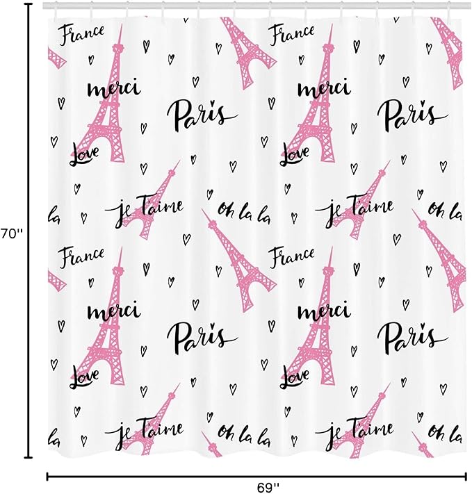 Ambesonne Eiffel Tower Shower Curtain, France Paris Oh La La Eiffel Tower Hearts Calligraphy Doodle Style Artwork, Cloth Fabric Bathroom Decor Set with Hooks, 69" W x 70" L, Black Pink