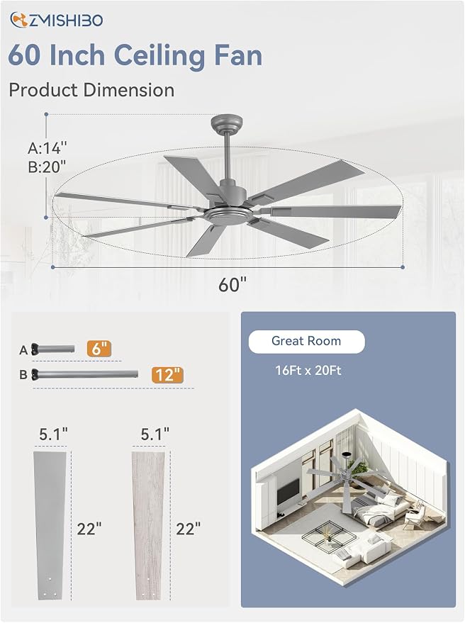 ZMISHIBO 60“ Ceiling Fans No Light with Remote, Silver Modern Ceiling Fan Without Light, Quiet Reversible DC Motor, 6 Speeds, 7 Blades Indoor/Outdoor Ceiling Fan for Living Room Bedroom Patio Garage