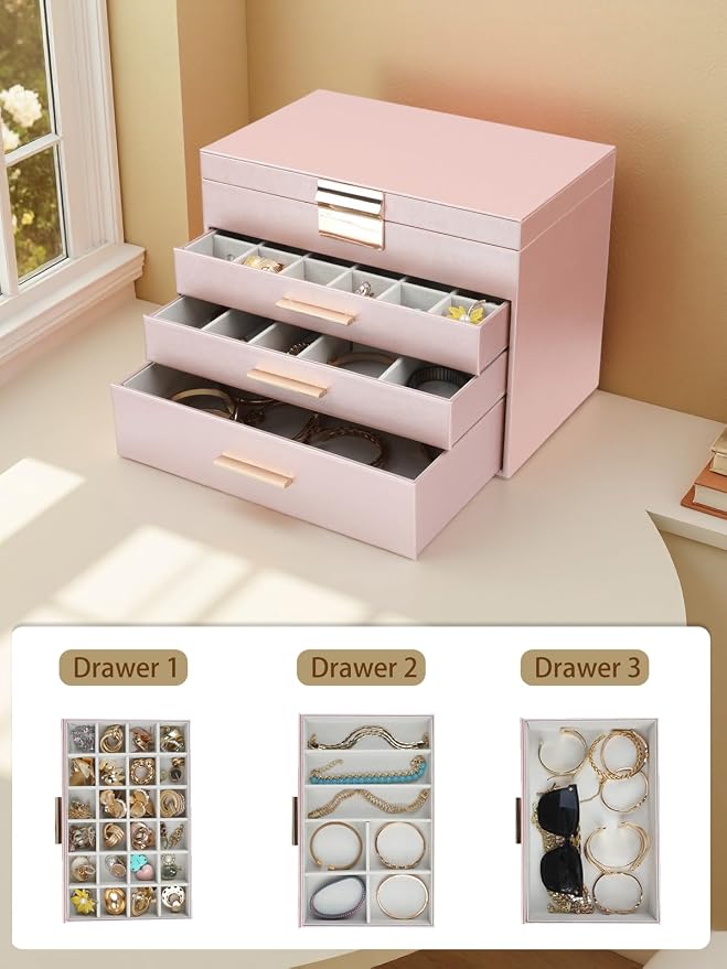 BOOVO Jewelry Boxes for Women, White and Black 6 Layer Large Jewelry Box for Necklace, Bracelet, Earrings, Rings Storage, Jewelry holder Organizer for Girls Gift (Rose Gold, 5 Layer)