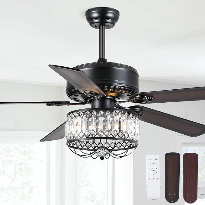 Kviflon Farmhouse Crystal Ceiling Fans with Lights and Remote, 52 Inch Chandelier Ceiling Fans, Black Fandelier Ceiling Fan for Bedroom Living Room, Quiet DC Motor, Reversible, Bulb not Included