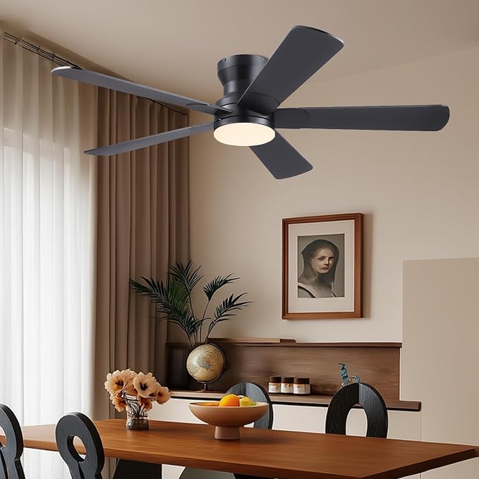 Ayaoty 52" Black Ceiling Fans with Lights- Flush Mount Fan Light with 5 Reversible Blades, 3CCT Dimmable, DC, Low Profile Ceiling Fan for Modern Indoor, Covered Outdoor
