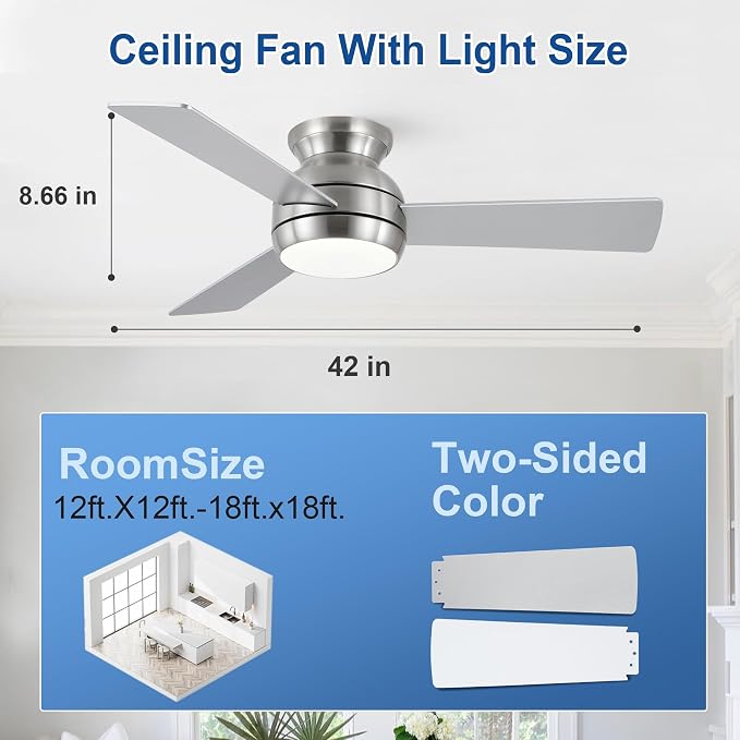 42 Inch Low Profile Ceiling Fan with Light, Brushed Nickel | Flush Mount,Remote Control,Reversible DC Motor,Wood Blades,6 Speed,3CCT Dimmable for Bedroom,Living Room