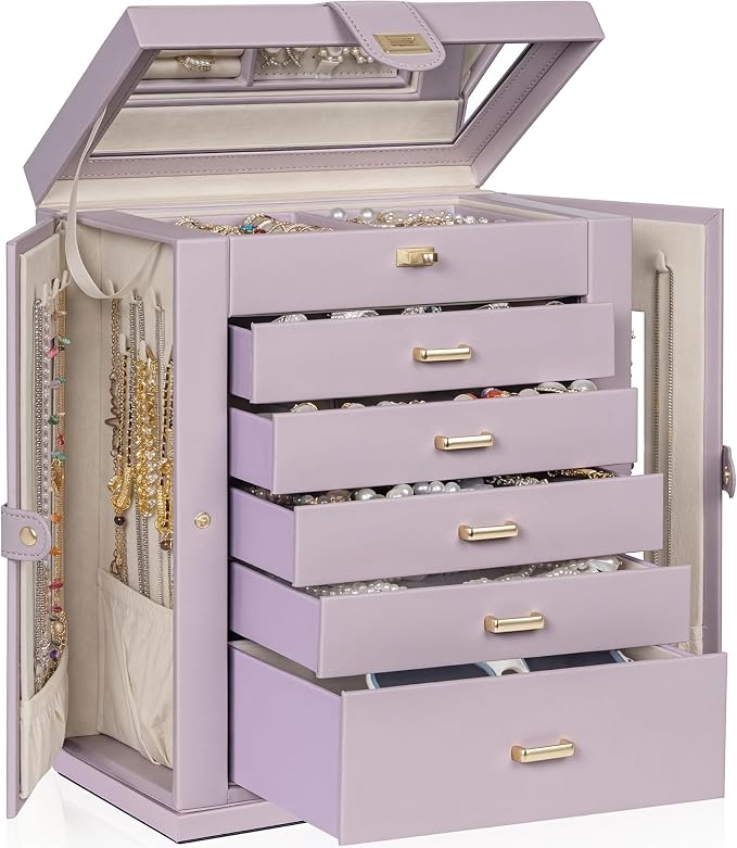 AKOZLIN 6-Tier Jewelry Box Organizer Functional 5 Drawers Leather Jewelry Storage Case for Women Girls Ring Necklace Earring Bracelet Holder Organizer with Mirror XL Purple 360° Rotating